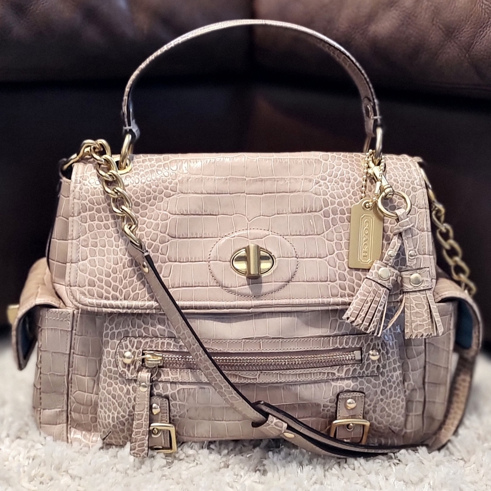 COACH Sydney Embossed Exotic Croc Flap Satchel Limited Edition Pearl RARE 14615